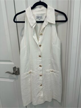 Veronica Beard White Linen-Blend Button Front Sleeveless Dress